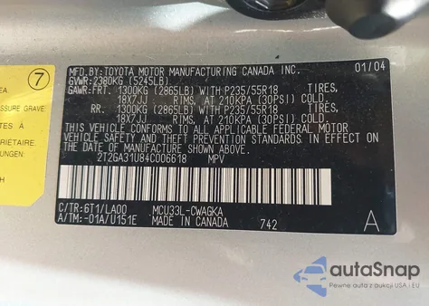 2004 Lexus Rx 330 z USA, uszkodzony, nr VIN 2T2GA31U84C006618